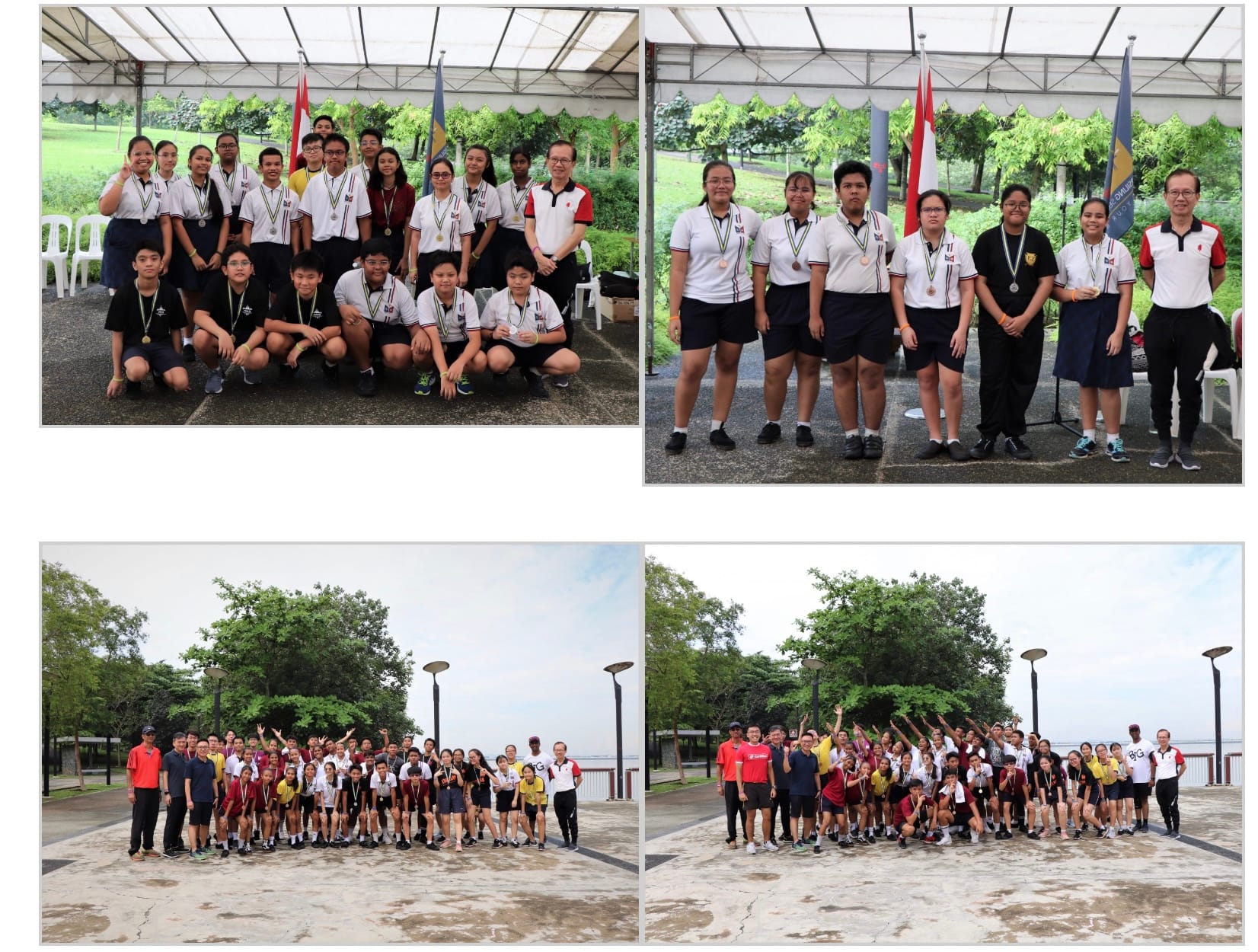 Four group photos of students and adults posing outdoors, some wearing medals, with flags and trees in the background.